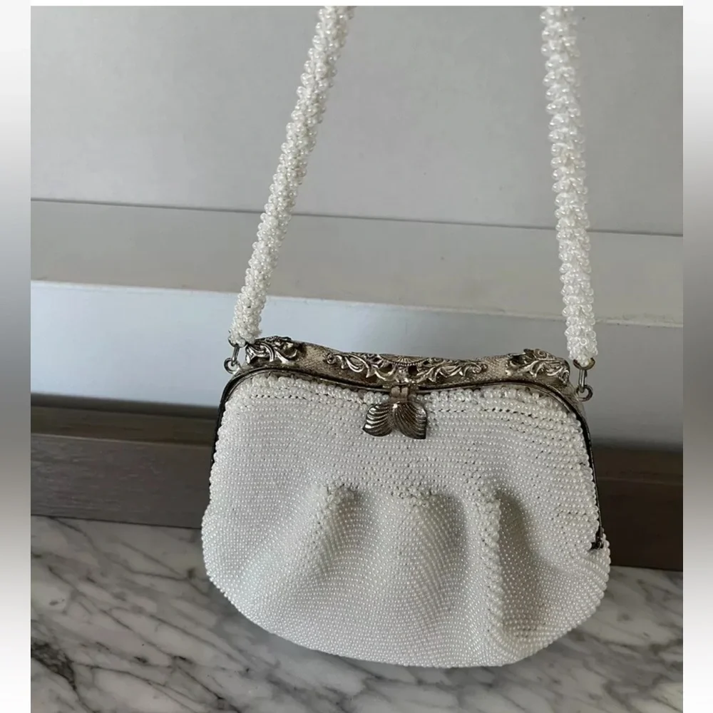 White Pearl Beaded Purse Evening Bag Clutch Silver Frame Clasp Vintage 50s 60s